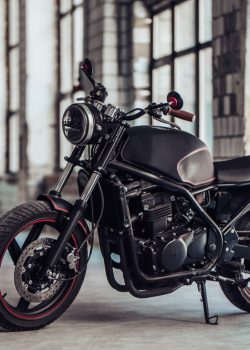 Modern,Black,Motorcycle,In,Garage.,Cafe,Racer.