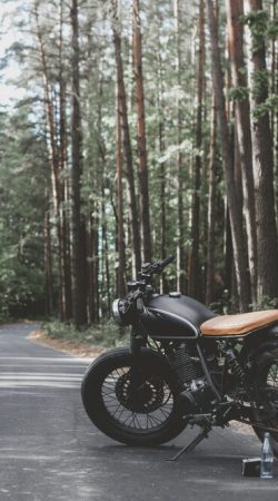 Black,Vintage,Custom,Motorcycle,Motorbike,Caferacer,Standing,In,The,Forest